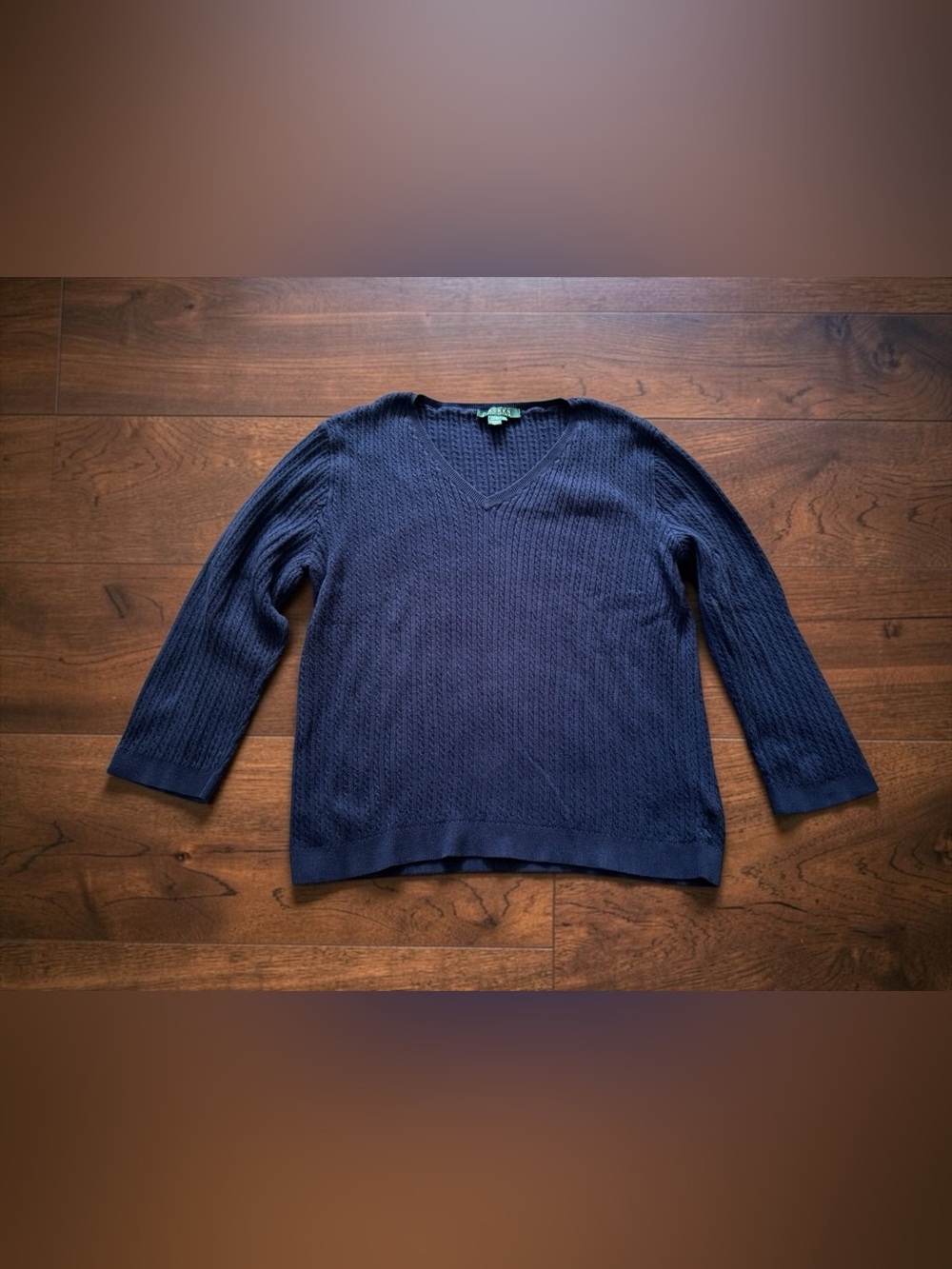 Lauren Ralph Lauren Womens XL Navy Blue Textured V Neck Cotton Sweater